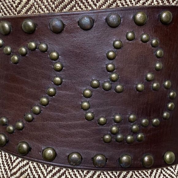 RRL * Distressed Brown Vachetta Leather Playing Card Brass Stud Kidney Belt - Picture 10 of 16